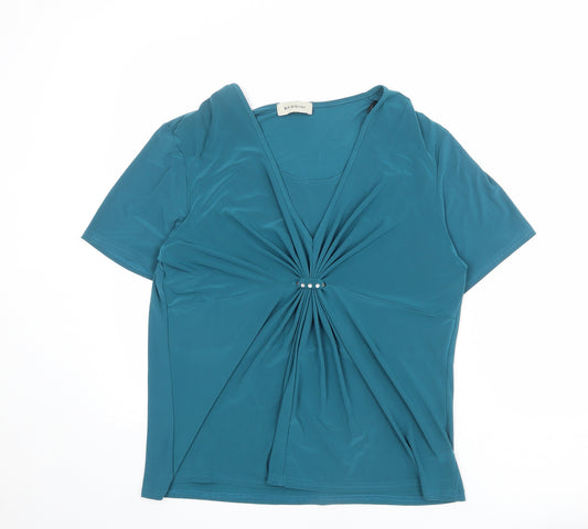 BASSINI Womens Blue Polyester Basic Blouse Size L V-Neck - Size L/XL