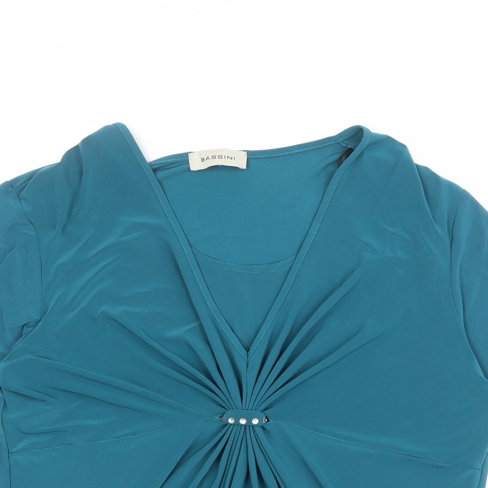 BASSINI Womens Blue Polyester Basic Blouse Size L V-Neck - Size L/XL