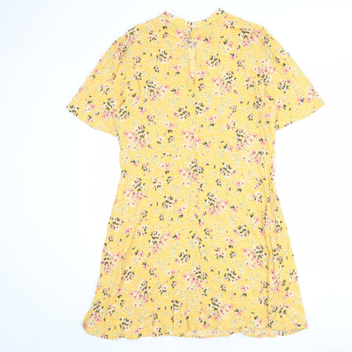New Look Womens Yellow Floral Viscose Shirt Dress Size 18 Round Neck Zip