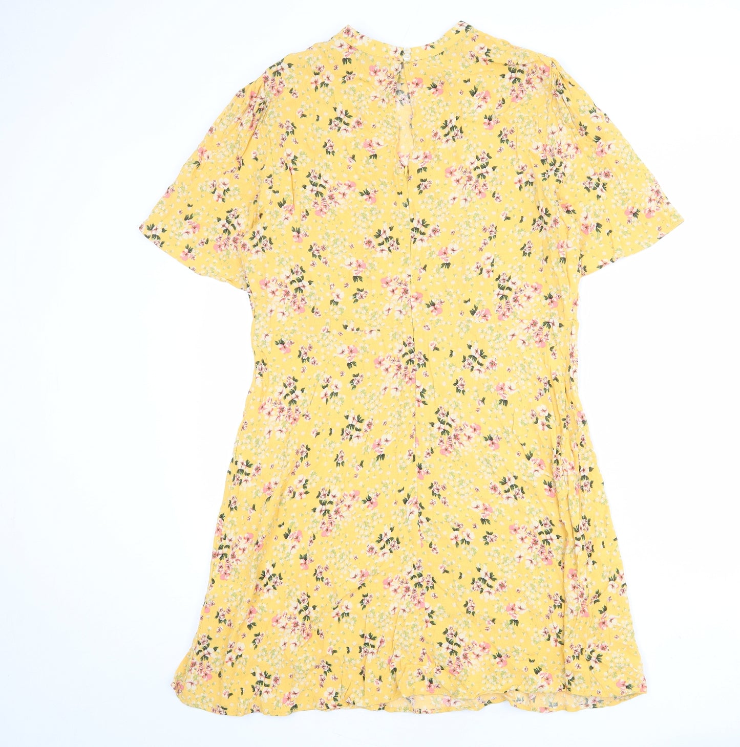 New Look Womens Yellow Floral Viscose Shirt Dress Size 18 Round Neck Zip