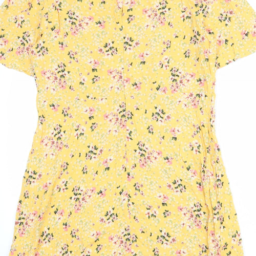 New Look Womens Yellow Floral Viscose Shirt Dress Size 18 Round Neck Zip