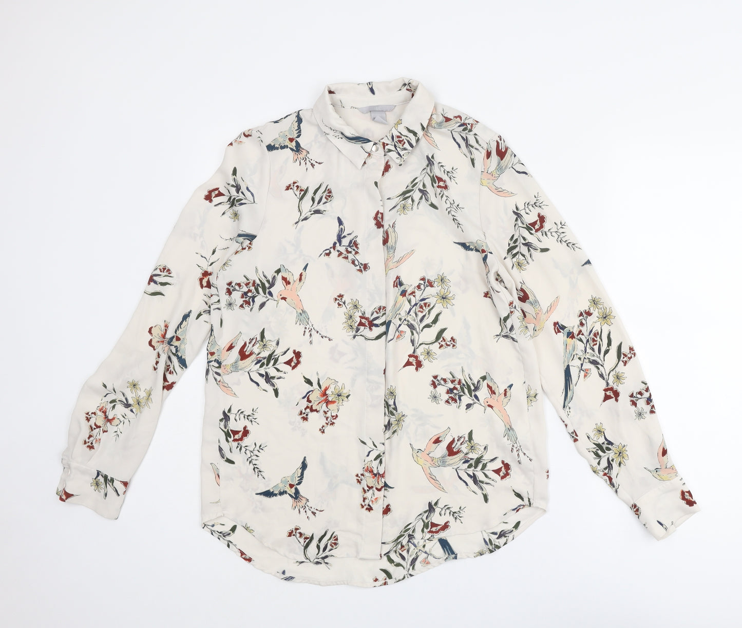 H&M Womens Ivory Floral Polyester Basic Button-Up Size 6 Collared - Bird Print