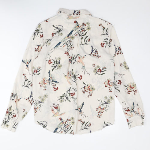 H&M Womens Ivory Floral Polyester Basic Button-Up Size 6 Collared - Bird Print