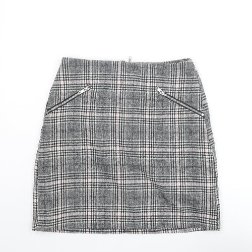 New Look Womens Grey Plaid Polyester A-Line Skirt Size 10 Zip