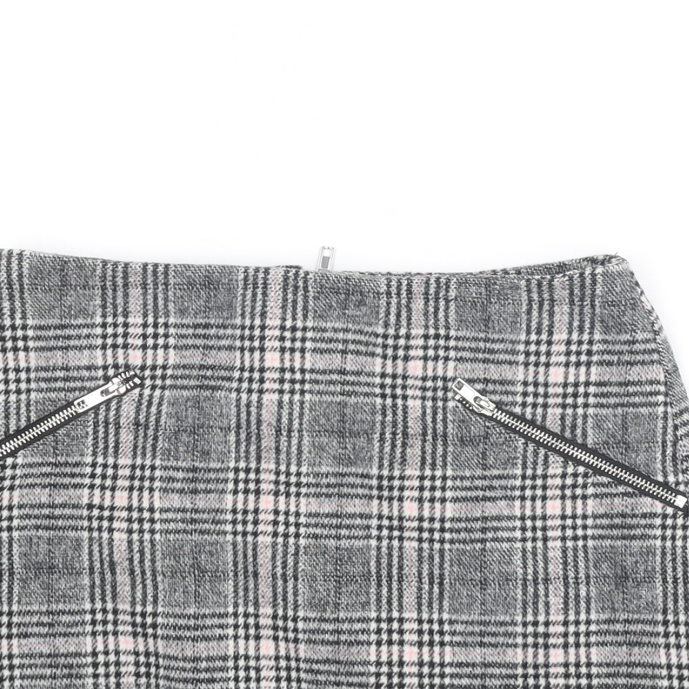 New Look Womens Grey Plaid Polyester A-Line Skirt Size 10 Zip