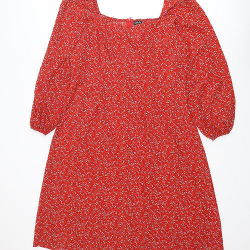 Boohoo Womens Red Floral Polyester A-Line Size 18 Square Neck Zip