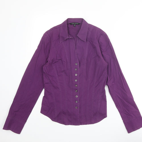 Laura Ashley Womens Purple Cotton Basic Button-Up Size 10 Collared