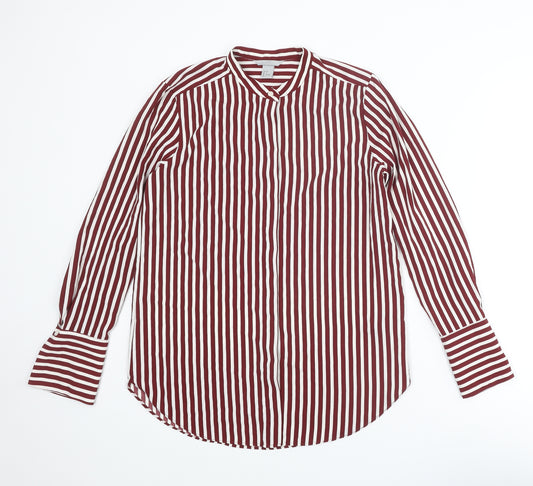 H&M Womens Red Striped Polyester Basic Button-Up Size 10 Round Neck