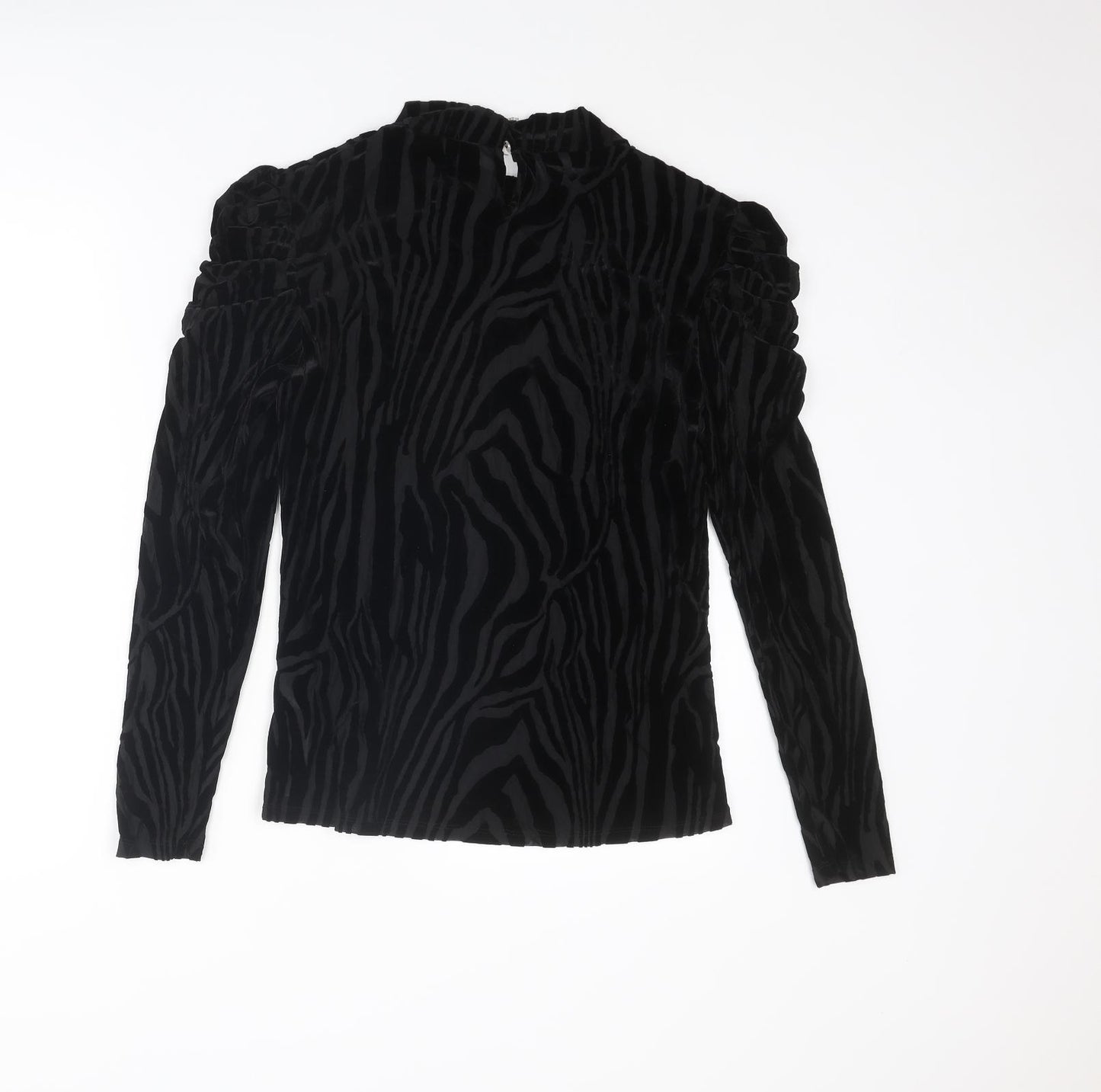 Apricot Womens Black Animal Print Polyester Basic Blouse Size 14 Mock Neck - Ruched Sleeves