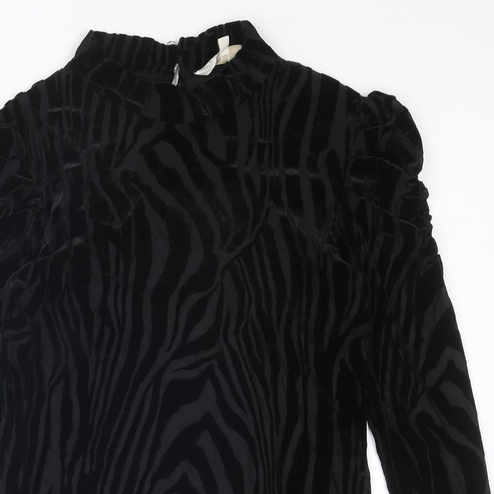 Apricot Womens Black Animal Print Polyester Basic Blouse Size 14 Mock Neck - Ruched Sleeves
