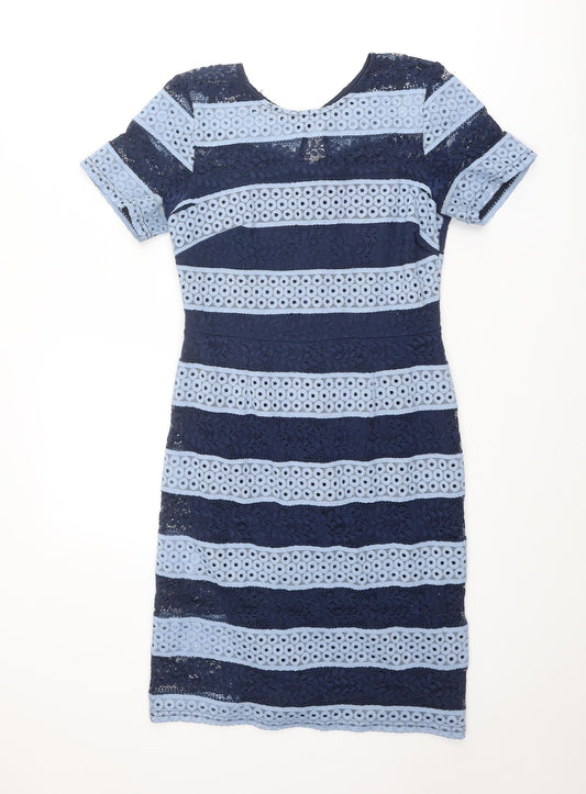 Dorothy Perkins Womens Blue Striped Polyester A-Line Size 10 Round Neck Zip