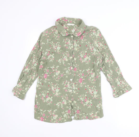 Marks and Spencer Womens Green Floral Polyester Basic Button-Up Size 10 Collared