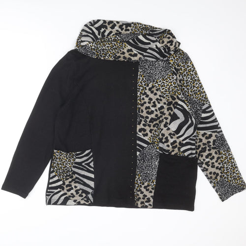 Anna Rose Womens Black Roll Neck Animal Print Polyester Pullover Jumper Size XL - Leopard Zebra Cheetah Pattern