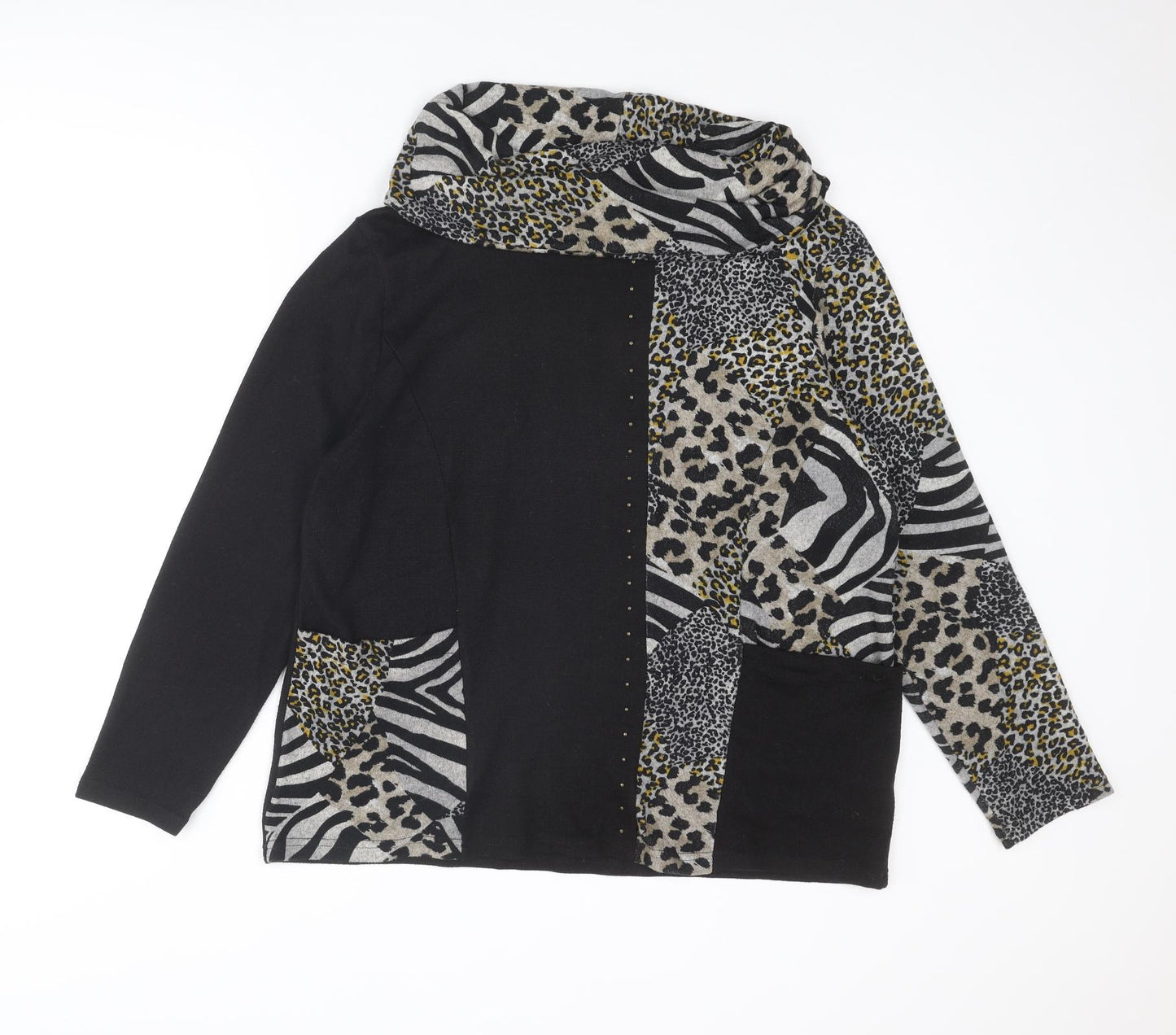 Anna Rose Womens Black Roll Neck Animal Print Polyester Pullover Jumper Size XL - Leopard Zebra Cheetah Pattern