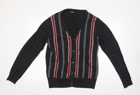Goodsouls Mens Grey V-Neck Striped Cotton Cardigan Jumper Size M Long Sleeve