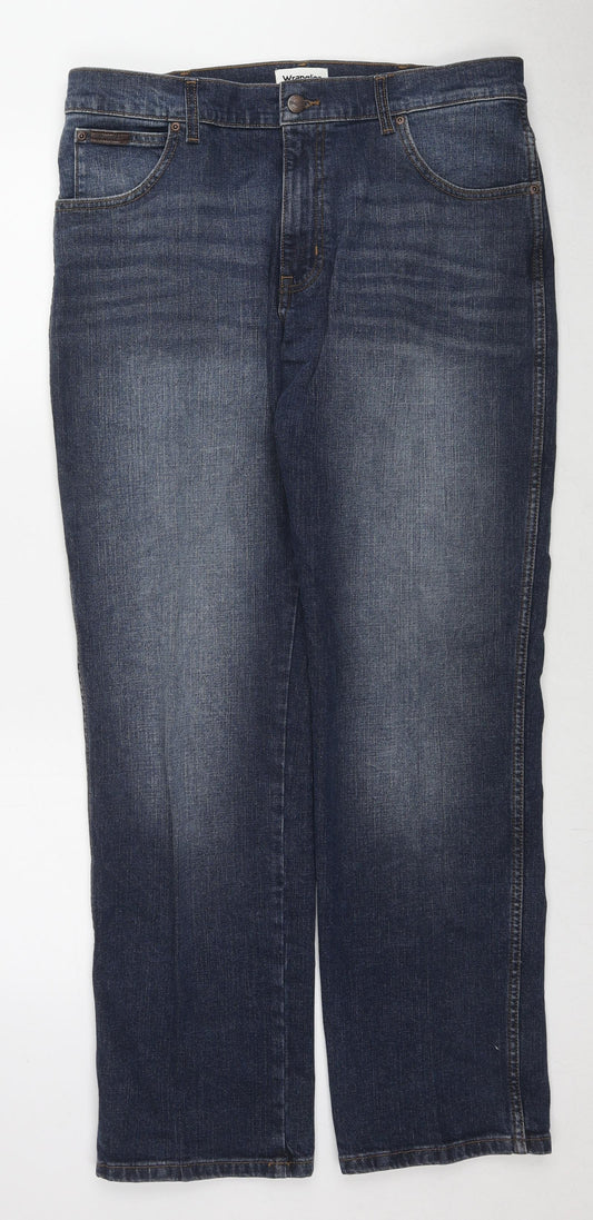 Wrangler Mens Blue Cotton Straight Jeans Size 36 in L32 in Regular Zip