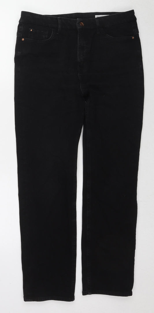 Marks and Spencer Womens Black Cotton Straight Jeans Size 14 L28 in Regular Zip