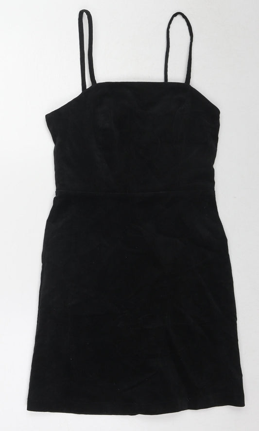 New Look Womens Black Cotton Slip Dress Size 6 Square Neck Zip