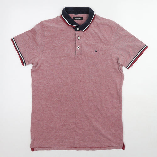 JACK & JONES Mens Red Cotton Polo Size L Collared Pullover