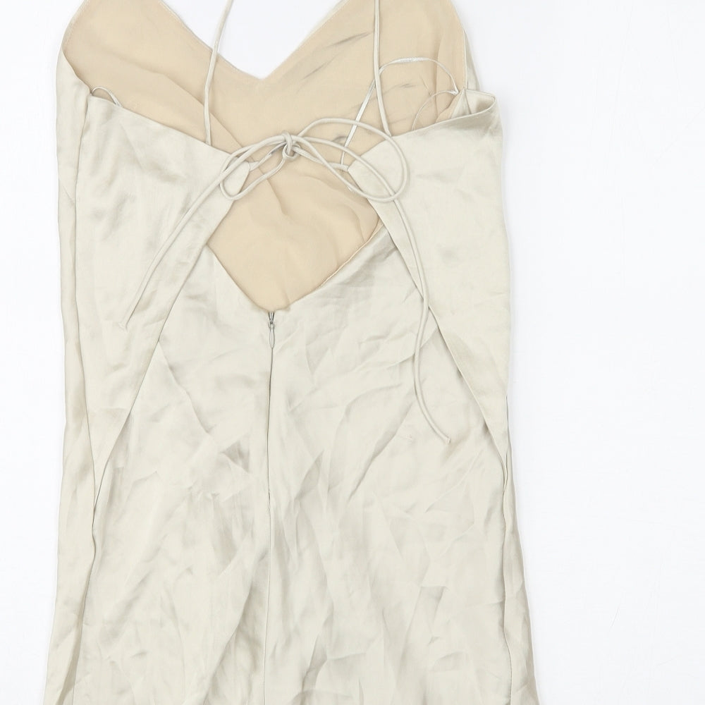 Zara Womens Ivory Polyester Slip Dress Size S V-Neck Tie