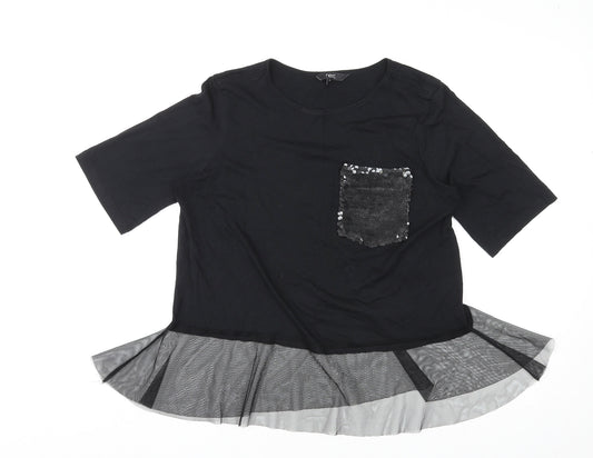 NEXT Womens Black Lyocell Basic T-Shirt Size 12 Round Neck - Tulle Detail