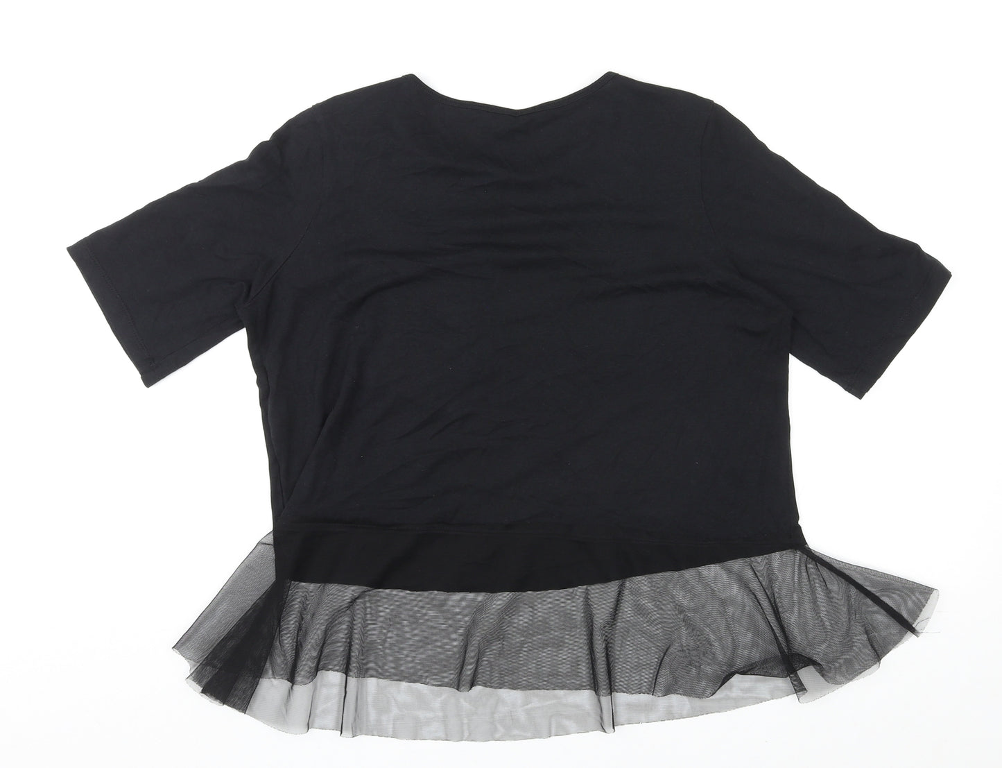 NEXT Womens Black Lyocell Basic T-Shirt Size 12 Round Neck - Tulle Detail