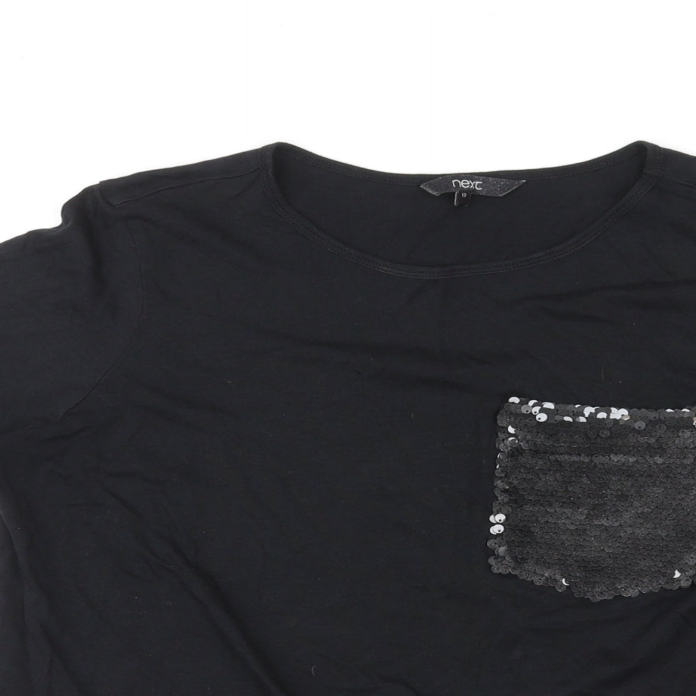 NEXT Womens Black Lyocell Basic T-Shirt Size 12 Round Neck - Tulle Detail