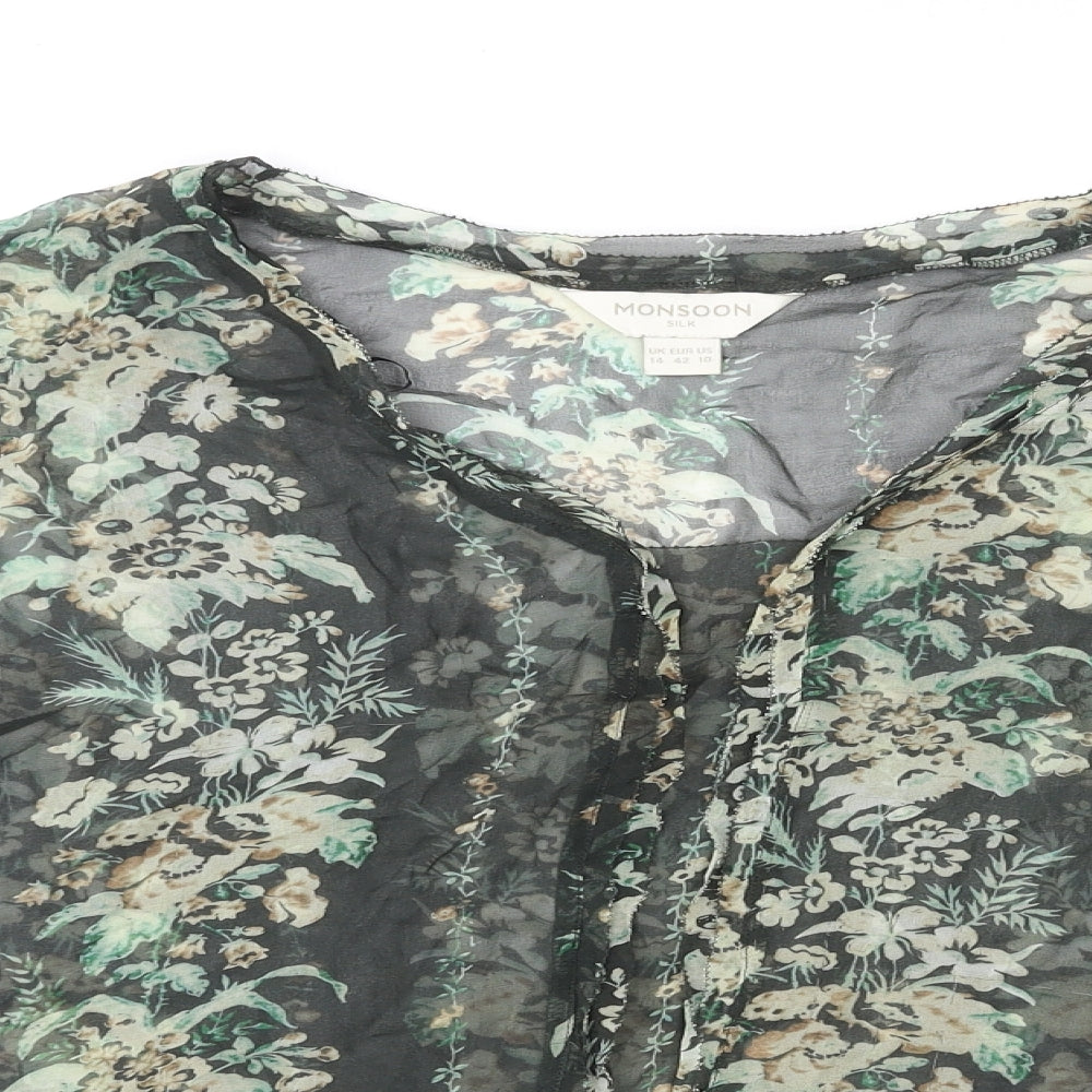 Monsoon Womens Green Floral Silk Basic Blouse Size 14 Boat Neck