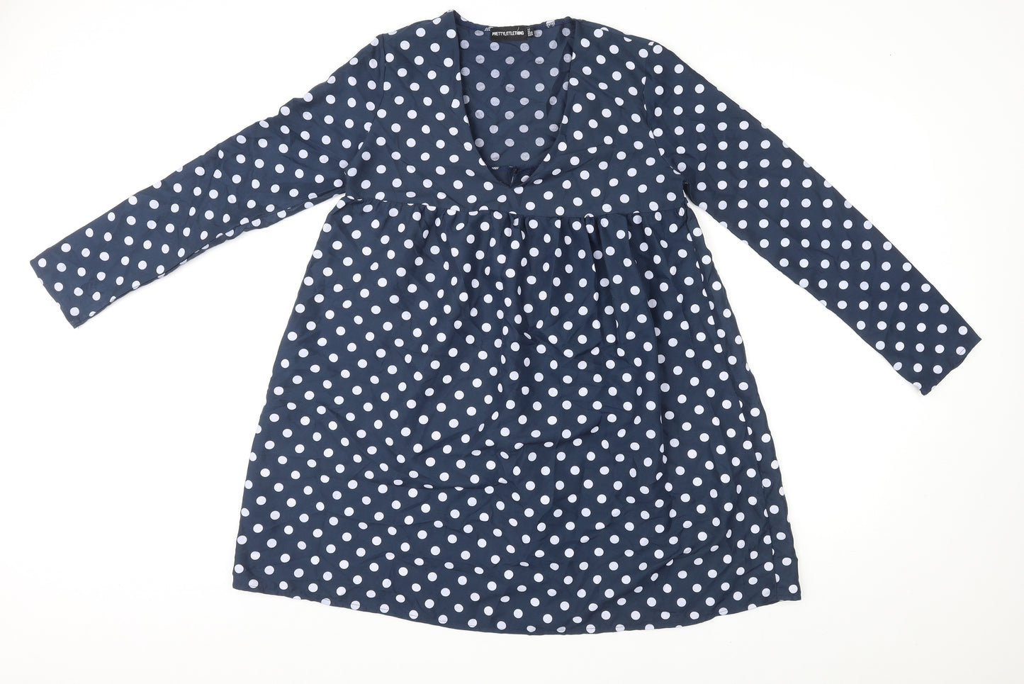 PRETTYLITTLETHING Womens Blue Polka Dot Polyester A-Line Size 10 V-Neck Pullover