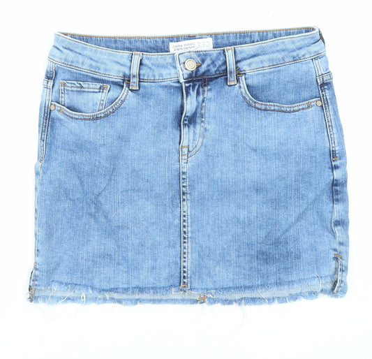 Zara Womens Blue Cotton Mini Skirt Size M Zip