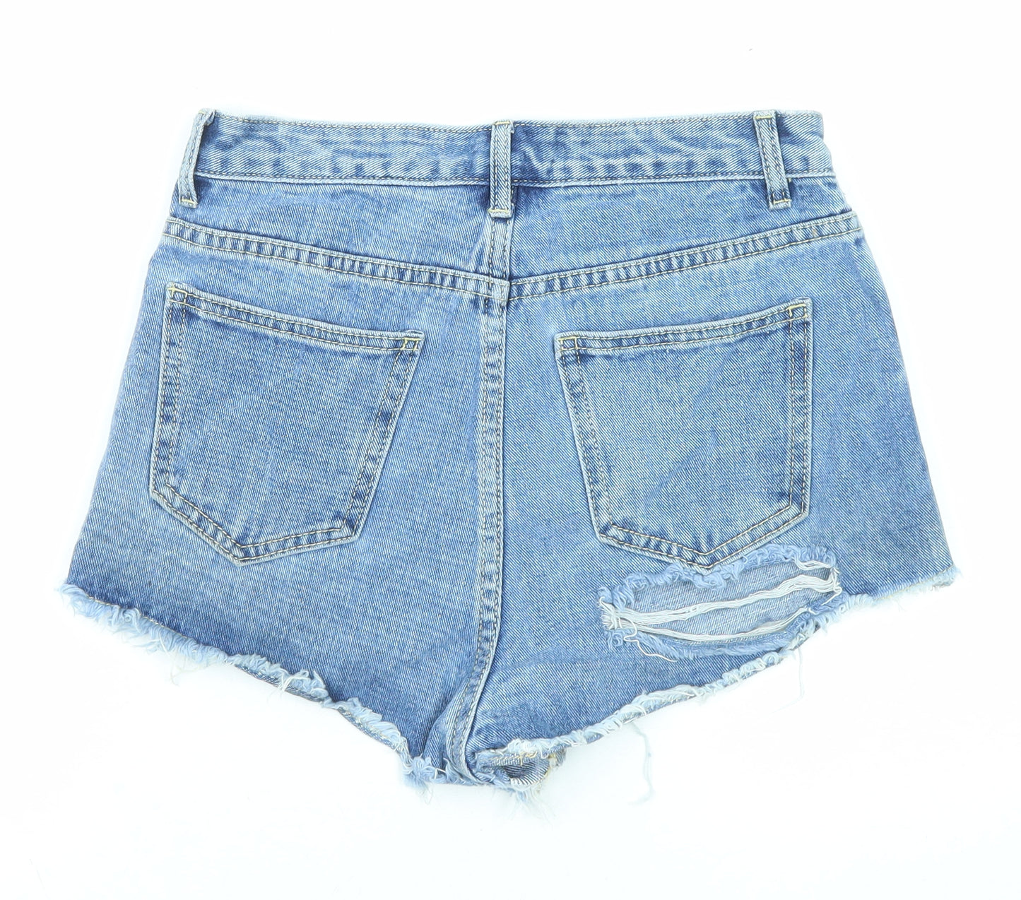 PRETTYLITTLETHING Womens Blue Cotton Cut-Off Shorts Size 8 Regular Zip - Distressed look