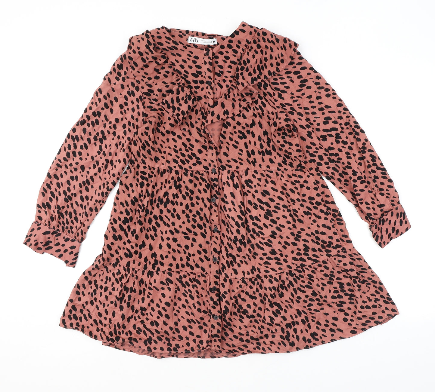 Zara Womens Pink Polka Dot Polyester A-Line Size S Round Neck Button - Frill Smocked
