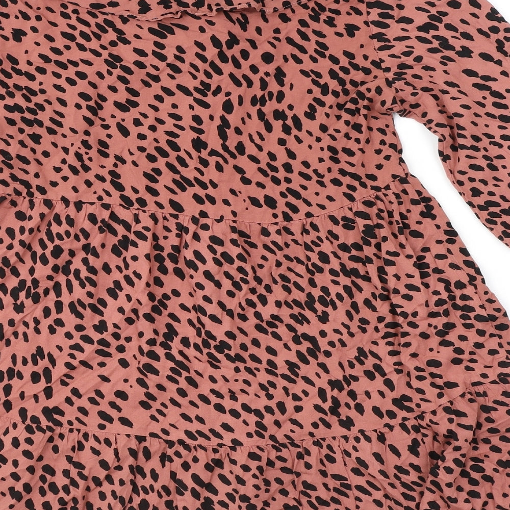 Zara Womens Pink Polka Dot Polyester A-Line Size S Round Neck Button - Frill Smocked