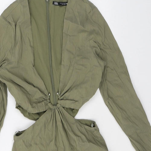 Zara Womens Green Polyester Bodycon Size M V-Neck Zip - Ring Detail