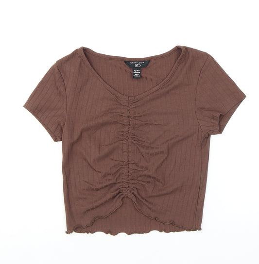 New Look Girls Brown Polyester Basic T-Shirt Size 10-11 Years Round Neck Pullover