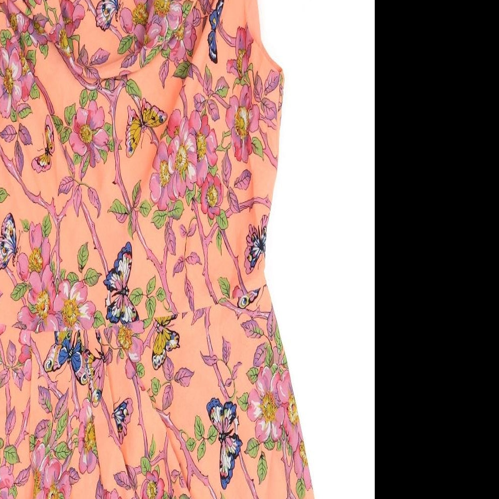 Oasis Womens Orange Geometric Polyester Shift Size 12 Cowl Neck Pullover - Butterflies and Flowers