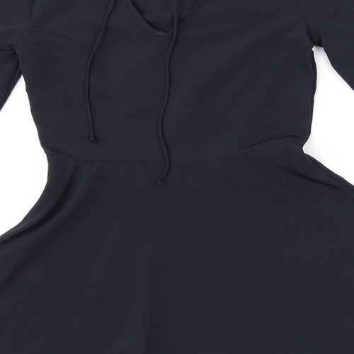 H&M Womens Black Polyester Skater Dress Size 10 Round Neck Tie