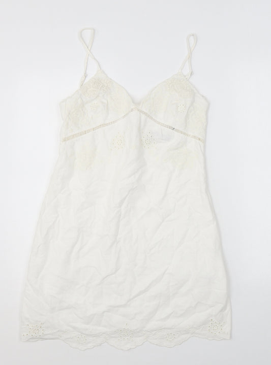 Zara Womens White Polyester Tank Dress Size M V-Neck Pullover - Broderie Anglaise