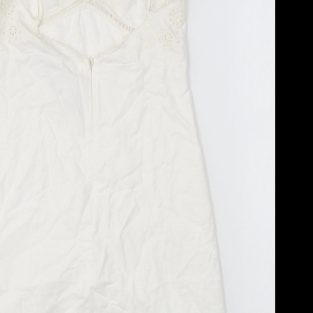 Zara Womens White Polyester Tank Dress Size M V-Neck Pullover - Broderie Anglaise