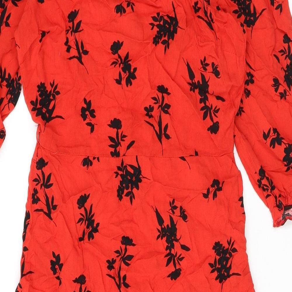 New Look Womens Red Floral Viscose A-Line Size 10 Mock Neck Pullover