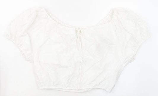 H&M Womens White Linen Cropped Blouse Size M Boat Neck
