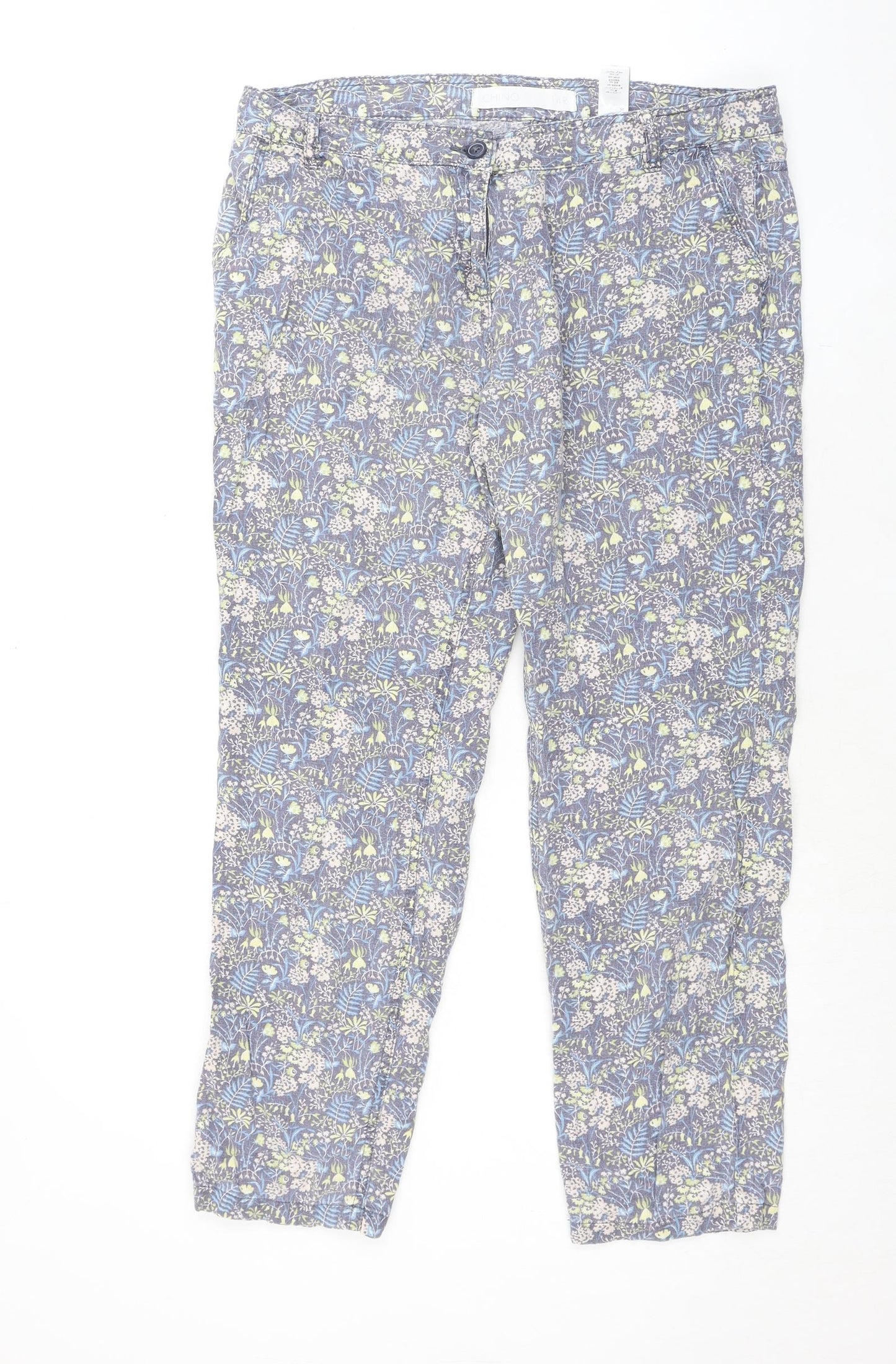 NEXT Womens Multicoloured Floral Linen Trousers Size 14 L28 in Regular Zip
