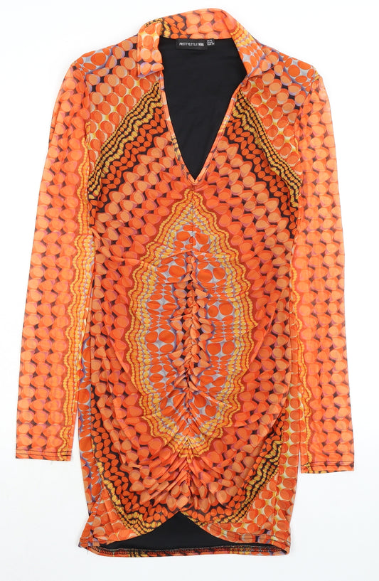 PRETTYLITTLETHING Womens Orange Geometric Polyester Bodycon Size 8 Collared Pullover