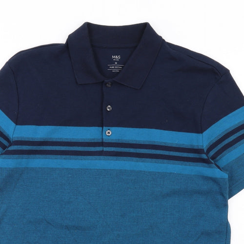 Marks and Spencer Mens Blue Colourblock Cotton Polo Size M Collared Button