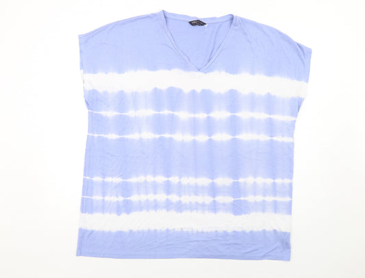 Marks and Spencer Womens Blue Viscose Basic T-Shirt Size 18 V-Neck - Tie-Dye