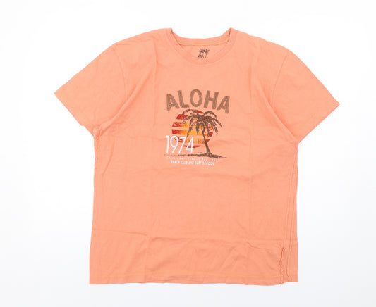 BHS Mens Orange Cotton T-Shirt Size M Crew Neck - Aloha