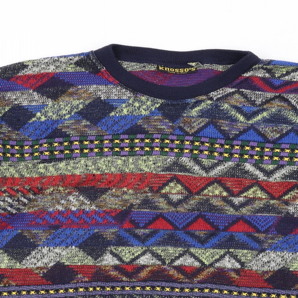 Knosso's Mens Multicoloured Crew Neck Geometric Cotton Pullover Jumper Size XL Long Sleeve