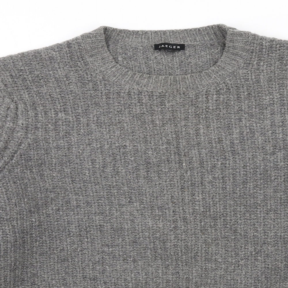 Jaeger Mens Grey Crew Neck Wool Pullover Jumper Size M Long Sleeve - Elbow patches