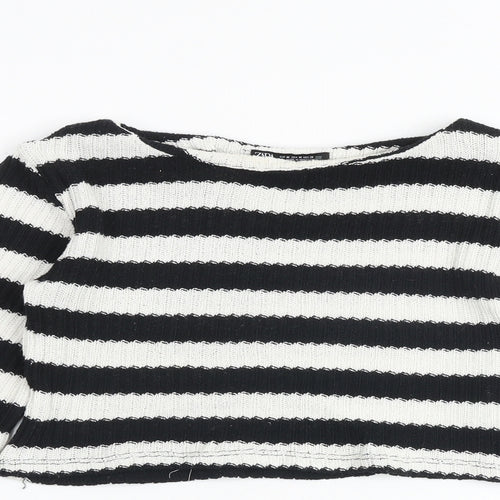 Zara Womens Black Round Neck Striped Viscose Pullover Jumper Size M Pullover - Cropped