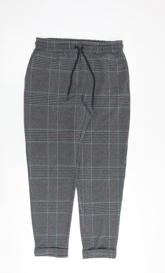 Marks and Spencer Womens Grey Plaid Polyester Carrot Trousers Size 10 L28 in Regular Tie